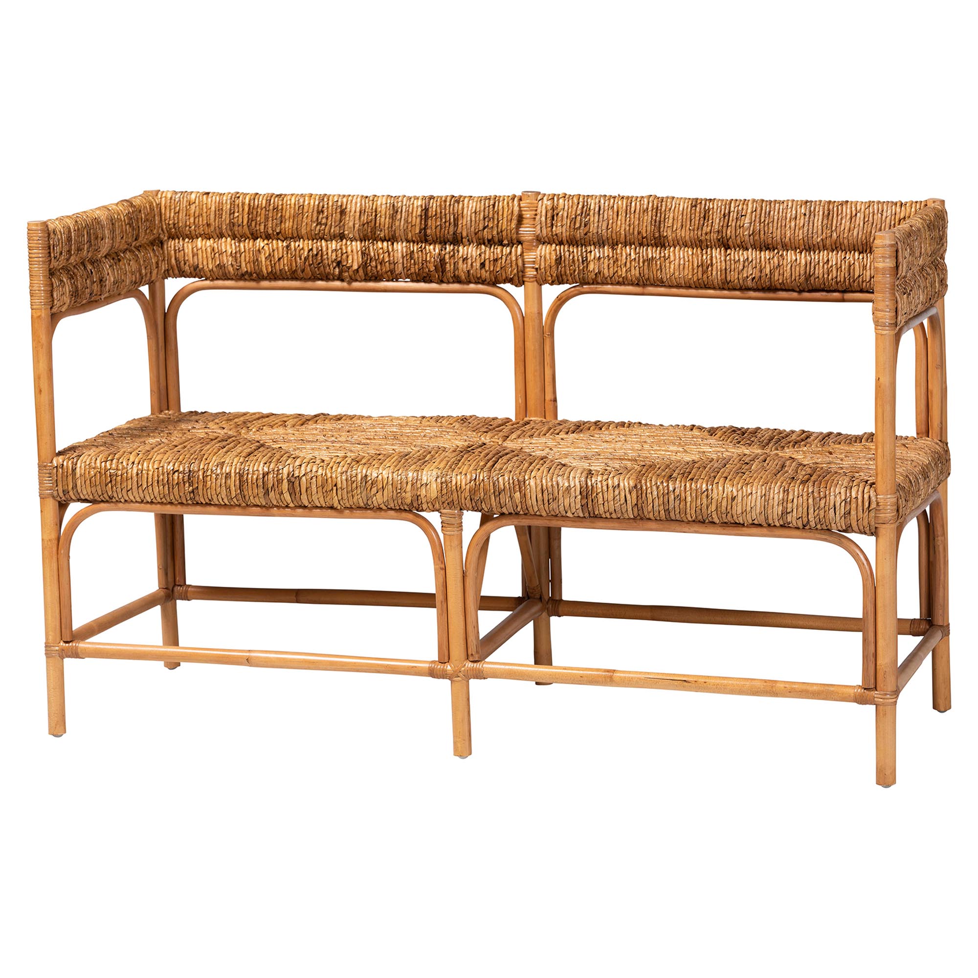 bali & pari Adisa Natural Rattan Bench - Handcrafted Banquette with Woven Seagrass Seat and Back, Coastal Boho Accent Seating for Entryway, Dining or Living Room